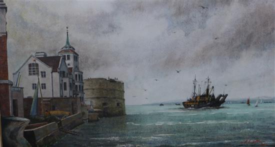 A. C. Jupp, watercolour, The Round Tower, Old Portsmouth and HMS Goldeneye returning to harbour, 25 x 35cm